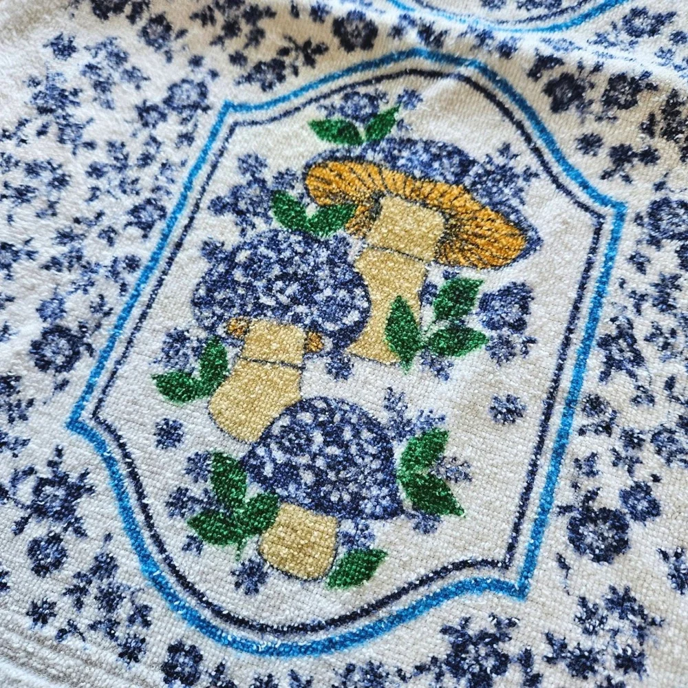Vintage Cannon Mushroom Hand Towel Blue Gold Floral Fringe 70s Retro USA Made
